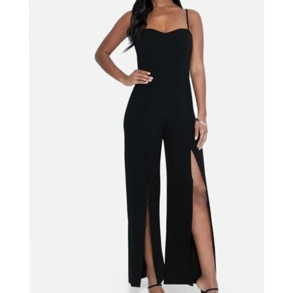 Bebe Wide Split Leg Jumpsuit Black Spaghetti Strap Sweetheart Neckline NWT Large